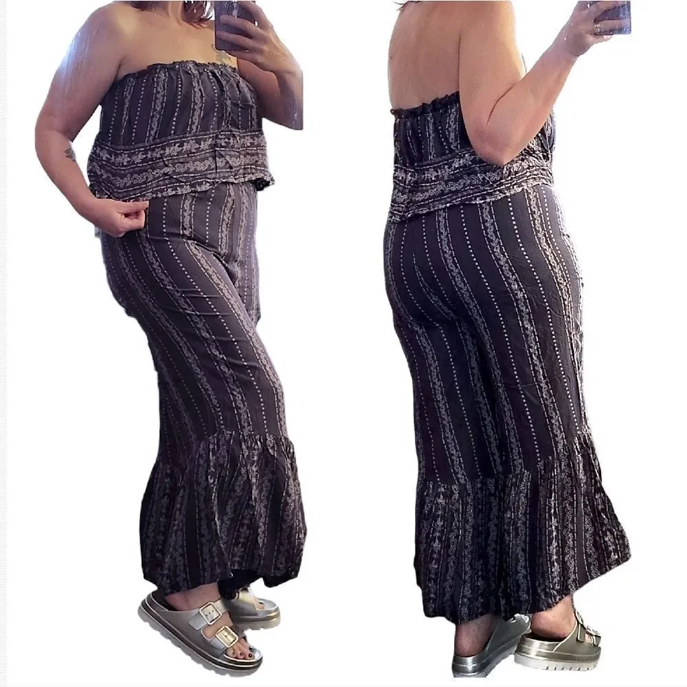 Japna Blue Striped Strapless Ruffle Top Boho‎ Crop Flare Jumpsuit Large